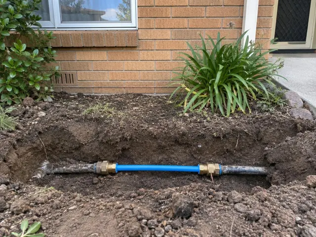 Trench with a repaired blue water pipe and brass fittings beside a brick house in Allambie Heights
