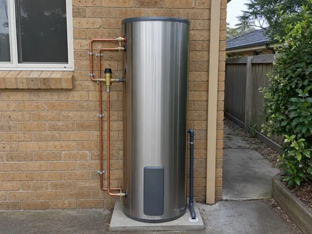 Stainless steel hot water cylinder beside a brick wall with copper piping and a drain line in Manly Vale